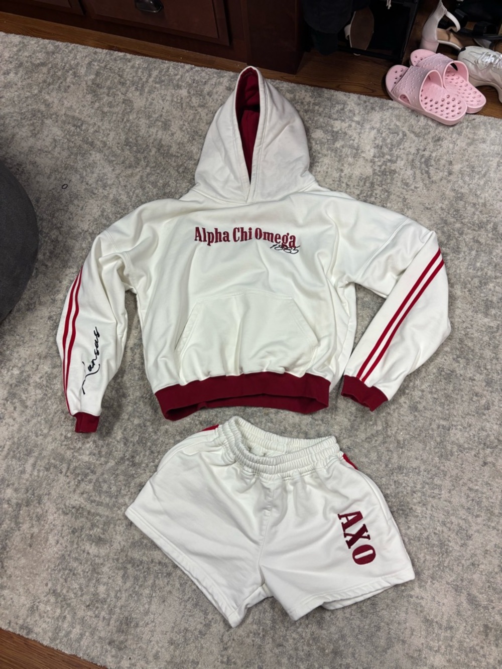 Alpha Chi Omega White & Red Hoodie + Shorts Set + tank top